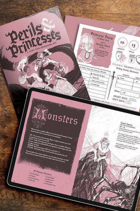 Perils & Princesses is an adventure game played with paper and pencils, a few fancy dice, and your collective imaginations. The rules are inspired by a long tradition of pen-and-paper role-playing games, but specifically-designed to be easy to pick up and get you started on an evocative gritty, pretty, magical adventure. Back Of Book Design, Leave Behind Ideas Graphic Design, Dnd Graphic Design, Princess Graphic Design, Rule Book Design, Magical Graphic Design, Game Design Aesthetic, Game Rules Design, Cute Book Design