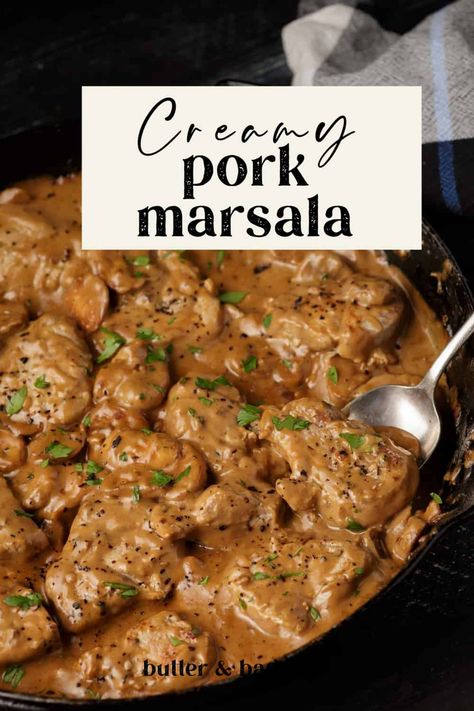 Sweet and savory Marsala sauce dripping over this pork tenderloin will make any weeknight dinner seem like a holiday. The buttery mushrooms and sauce make this Pork Marsala meal one worth sharing with friends at a party or get-together. #pork #easydinner #marsalawine Pork Tenderloin Marsala With Mushrooms, Pork Tenderloin Marsala, Italian Pork Tenderloin, Buttery Mushrooms, Friends At A Party, Pork Marsala, Pork Chop Recipes Crockpot, Marsala Sauce, Marsala Recipe