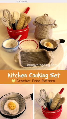 Kitchen Cooking Set Crochet Free Pattern #letscrochetfreepattern #crochettoysforkids #freecrochetpatterns Play Kitchens, Pola Amigurumi, Crochet Baby Toys, Food Patterns, Crochet Food, Crochet Amigurumi Free Patterns, Crochet Kitchen, Crochet Amigurumi Free, Cooking Set