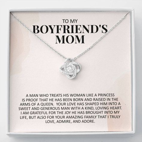 "Gift this sentimental necklace to your boyfriend's mom as a thank you for raising an amazing man. Message Card: To my boyfriend's mom - A man who treats his woman like a princess is proof that he has been born and raised in the arms of a queen. Your love has shaped him into a sweet and generous man with a kind, loving heart. I am grateful for the joy he has brought into my life, but also for your amazing family that I truly love, admire, and adore. Product Dimensions: * 14k white gold over stai Gifts For My Boyfriends Mom, To My Boyfriends Mom Necklace, Gift Ideas For Boyfriends Mom, Boyfriend Mom Gifts, Mil Gifts, Gifts For Boyfriends Mom, Bf Bday, Gift For Boyfriends Mom, To My Boyfriends Mom