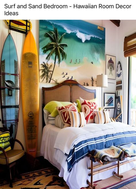 Hawaii Theme Room, Hawaii Bedroom Ideas, Hawaiian Room Decor, Sand Bedroom, Hawaii House Interior, Beachy Artwork, Polynesian Decor, Hawaiian Room, Hawaii Bedroom