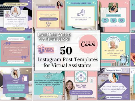 Virtual assistants can use my Virtual Assistant business starter kit with a collection of 50 Instagram post templates created with Canva. This product is perfect for Virtual Assistants that are prepared to launch their business and would like to spread the word about their company! These graphics will help ensure a consistent brand aesthetic with their social media posts. Say goodbye to hours of design work and hello to visually appealing content that engages and educates your audience on why they should hire you as their virtual assistant.  These posts were designed to catch the attention of potential clients looking for a Virtual Assistant. What is included? *50 template posts for Instagram *About Us Template *Services Template *Packages & Pricing *Contact Us Post *Who we are *Reasons to Business Starter Kit, Launching A Business, Canva Graphics, Graphics Template, Brand Aesthetic, Instagram Canva, Virtual Assistant Business, Discovery Call, Instagram Post Template