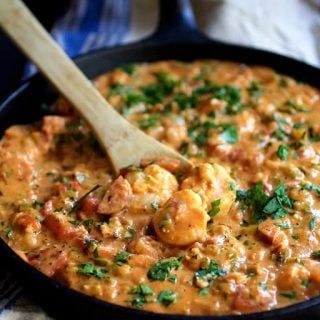 Smothered Shrimp with Andouille Sausage and Creamy Parmesan Peppercorn Grits - From A Chef's Kitchen Smothered Shrimp, Shrimp And Andouille Sausage, Easy Shrimp And Grits, Southern Shrimp And Grits, Cajun Shrimp And Grits, Sausage Parmesan, Grits Casserole, Shrimp N Grits Recipe, Cajun Dishes