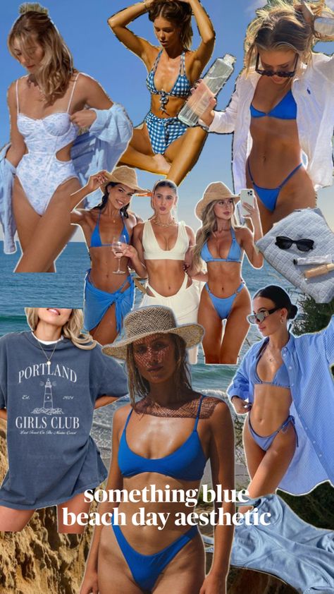 Bach party beach day group theme ideas inspo inspiration aesthetic summer coastal grandma 2024 idea blue bikini beach outfit look style trends Bachelorette Blue Bikinis, Blue Bathing Suit Bachelorette, Group Theme Ideas, Blue Bachelorette Theme, Beach Theme Party Outfit, Something Blue Bachelorette, Bachelorette Party Outfit Themes, Bach Themes, Blue Bachelorette