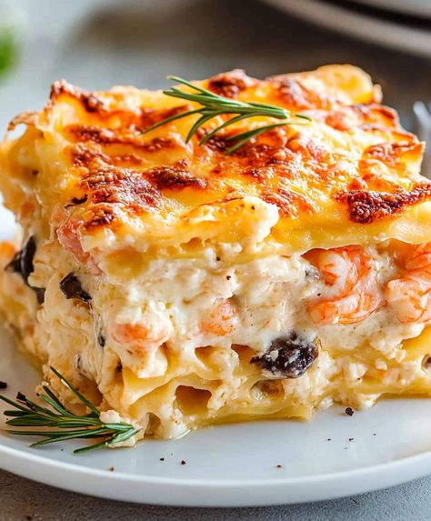 Seafood Lasagna Recipe Easy Special Occasion Dinner, Lasagna Recipe Seafood, Crab Lasagna Recipes, Shrimp Lasagne, Seafood Lasagna Recipe White Sauce, Lasagna Recipe With Bechamel Sauce, Seafood Cannelloni Recipe, Fish Lasagna, Lobster Lasagna