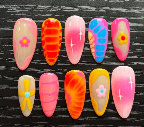 SEND ME A PIC OF YOUR DREAM NAIL SET! I will recreate them (: Hand painted custom press ons! I have lots of sets I'd like to do if you want a surprise set, or send me your own inspo! Bright Cruise Nails, Chunky Nail Art, Press On Ideas, Quirky Nail Designs, Custom Press Ons, Two Color Nails On Each Hand, Gemstone Nail Designs, Crazy Nail Designs Creative, Eccentric Nails