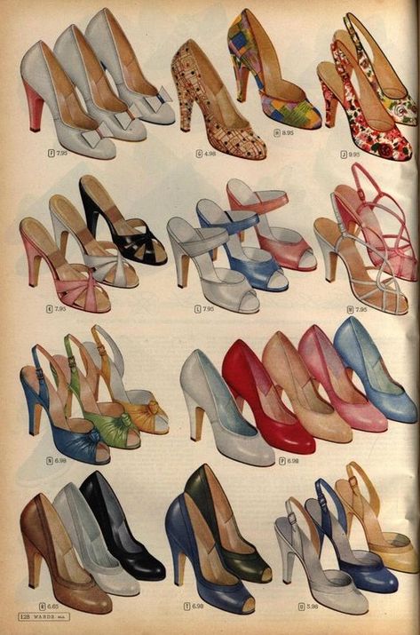 FASHION OF BYGONE DAYS (1500s-1960s) | Montgomery Ward Albany | Facebook 1950s Womens Shoes, Vintage Spring Outfits, 1980s Shoes, Historical Garments, Modern Retro Decor, Mermaid Shoes, 1950s Fashion Women, 50s Women, Old School Fashion