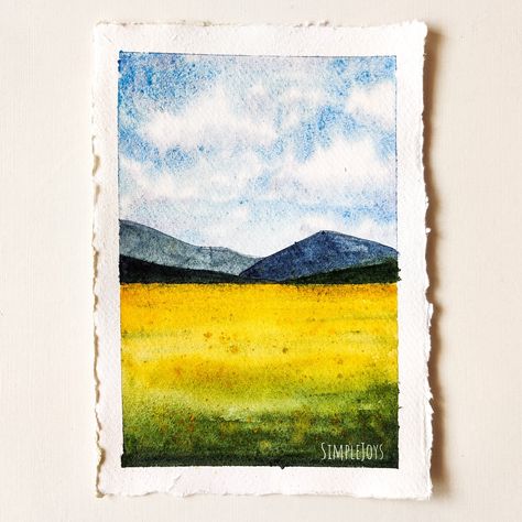 Watercolor landscape of canola fields and clear blue skies.. Canola Field, Yellow Fields, Field Landscape, Watercolor Landscapes, Lovely Images, Watercolor Artists, Urban Sketching, Watercolor Landscape, Bright Yellow