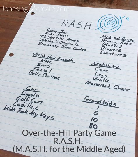 Consider it MASH for old people! Instead of Mansion, Apartment, Shack, and House, it is Retirement Home, Apartment, Shack, and House. Hence the name R.A.S.H. Perfect for a 40th birthday party or Over-the-Hill Party Game. Over The Hill Party Games Funny, Over The Hill Party Games, Old People Theme Party Ideas, M A S H Game, Old People Party Theme, Over The Hill Party Ideas, Easy Art Diy, Granny Party, Mash Game