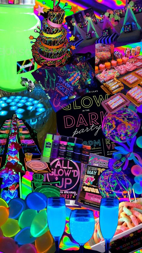 Neon glow birthday theme Neon Glow Theme Party, Club Theme Sweet 16, Glow In The Dark Prom Theme, Glow In The Dark Themed Party, Neon Hoco Theme, Glow Prom Theme, Neon Sleepover Party, Neon 21st Birthday Party, Glow In The Dark Party Ideas For Adults