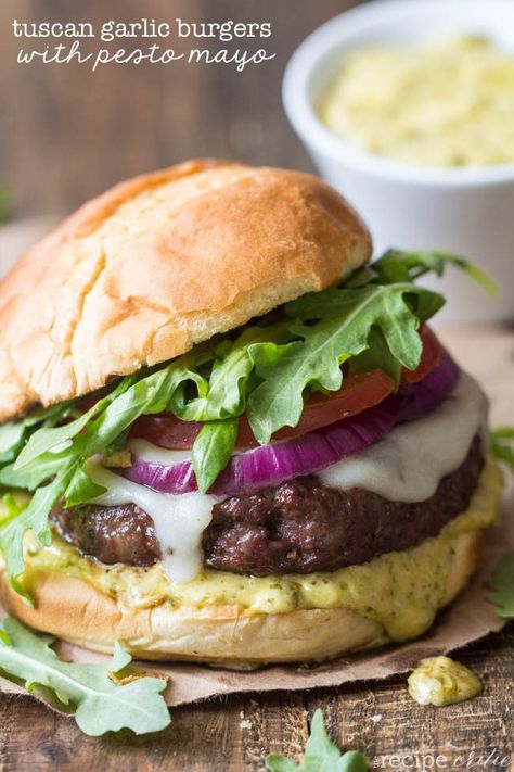 Tuscan Garlic Burgers with Pesto Mayo at http://therecipecritic.com Tender and juicy grilled burgers that are packed with flavor and topped with delicious pesto mayo! Garlic Burgers, Pesto Mayo, Juicy Burgers, The Recipe Critic, Recipe Critic, Grilled Burgers, Gourmet Burgers, Burger And Fries, Burgers Sandwiches