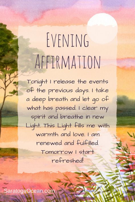 This is a great affirmation to clear your energy in the evening before you go to bed. Have a relaxed, peaceful night, and a restful sleep! Nighttime Affirmations, Evening Affirmations, Evening Quotes, Peaceful Night, Gratitude Affirmations, Daily Positive Affirmations, Morning Affirmations, Law Of Attraction Affirmations, Yoga Quotes