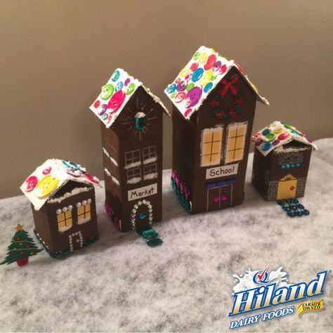 DIY Milk Carton Holiday Village | The Hiland Home Milk Carton Gingerbread House, Carton Gingerbread House, Gingerbread House Craft For Kids, Gingerbread Houses Diy, Diy Milk Carton, Carton Craft, Gingerbread House Craft, Holiday Village, Christmas Favorites