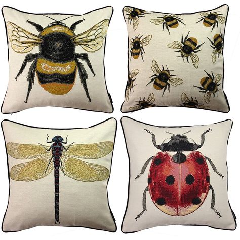 Features funky, novelty insect designs on a thick woven tapestry textured fabric. Painted Pillows, Butterfly Cushion, Bee Products, Traditional Cushions, Large Throw Pillows, Creative Pillows, Checked Cushions, Bee Illustration, Plain Cushions