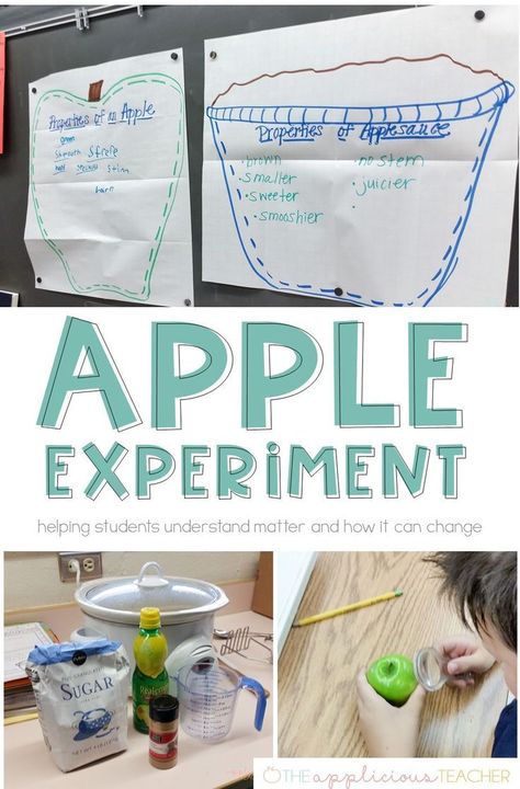 Use apples to help students understand how heat can change matter. Love this idea for a september science experiment or better understanding properties of matter Apple Experiment, Matter Experiments, Matter Lessons, Matter Activities, Apple Unit, First Grade Science, Primary Science, Third Grade Science, Properties Of Matter