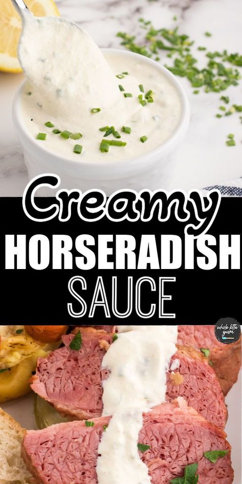 learn how to make horseradish sauce that's great for steak, prime rib, corned beef, ham, for sandwiches, or beef tenderloin. Make with sour cream, mayo, and dijon mustard too. Corned Beef Dipping Sauce, Corned Beef Horseradish Sauce, Sauce For Corned Beef And Cabbage, Creamy Horseradish Sauce For Corned Beef, Horseradish Cream Sauce For Corned Beef, Horseradish Sauce For Beef Tenderloin, Recipes That Use Horseradish, Creamy Horseradish Sauce For Prime Rib, Corned Beef Sides Dishes