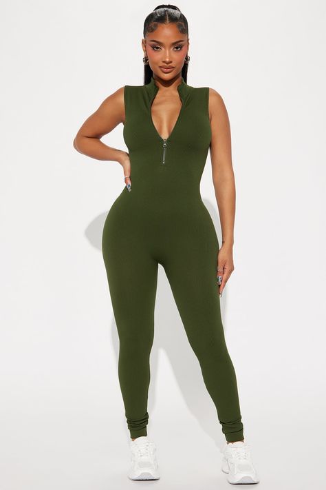 Available In Olive, Burgundy, Brown, And Navy. Seamless Jumpsuit Sleeveless Mock Neck Zip Front Legging Stretch 92% Nylon 8% Spandex Imported | Johanna Seamless Jumpsuit in Olive Green size XL by Fashion Nova Seamless Jumpsuit, Olive Fashion, Sleeveless Mock Neck, Sweater Jumpsuit, Jean Top, Halloween Dress, Matching Dresses, Jumpsuits For Women, Beauty Women