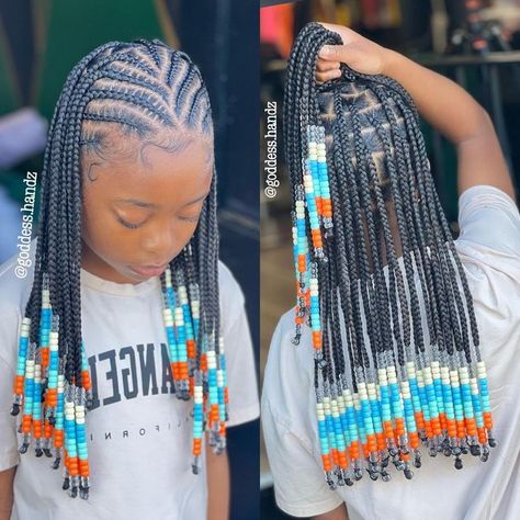 Little Black Girls Box Braids Hairstyle, Little Black Girls Braided Hairstyles For Kids With Beads, Kids Tribals With Knotless Braids, Braids And Beads Kids, Kids Braids Hairstyles Black, Braids For Kids Girl Hairstyles, Girl Braids Hairstyles Kids Black, Half Up Half Down Kids Braids, Girls Braids Black Kids