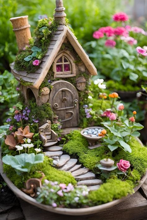 Handcrafted fairy garden with DIY decor, colorful elements, and fantasy-inspired features Fairy Garden Centerpiece Ideas, Miniature Gardens Design Ideas, Backyard Fairy Garden, Fairy Yard, Mini Garden Ideas, Enchanting Backyard, Miniature Garden Design, Kids Fairy Garden, Indoor Fairy Gardens