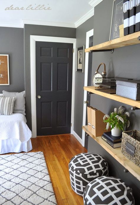 Grey Walls White Trim, Pintu Interior, Dark Doors, Home Office/guest Room, Dark Grey Walls, Dear Lillie, Gray Walls, Office Guest Room, Guest Room Office