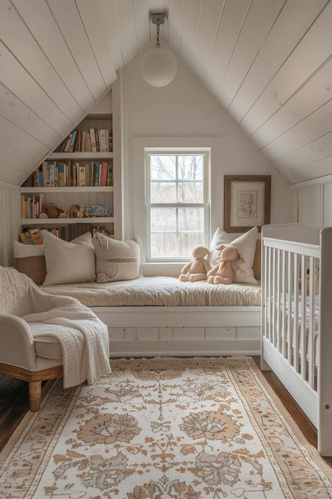 50 Beautiful Baby Girl Nursery Ideas to Create Memories Small Attic Nursery, Built In Nursery, Nursery Guest Room Combo, Baby Girl Nursery Ideas, Girl Nursery Ideas, Small Kids Bedroom, Tiny Nursery, Nursery Guest Room, Cottage Nursery