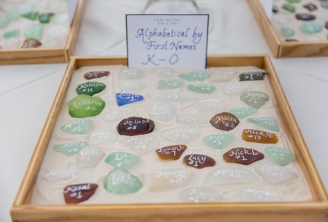 Sea Glass Name Cards Wedding, Seaglass Place Cards, Sea Glass Seating Chart, Coastal Wedding Seating Chart, Seaglass Wedding, Driftwood Wedding, Sea Glass Wedding, Wedding Seating Cards, Wedding Planning Binder