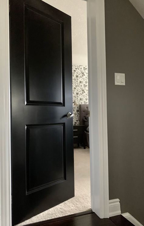 I SEE A WHITE DOOR & I WANT TO PAINT IT BLACK ~ PAINTING INTERIOR DOORS Paint Doors Black Interior, Black Doors In Hallway, Black Doors And Trim Interior, Interior Black Doors, Painted Interior Doors Ideas, Black Doors With White Trim, Dark Interior Doors, Paint Interior Doors, Paint Doors Black