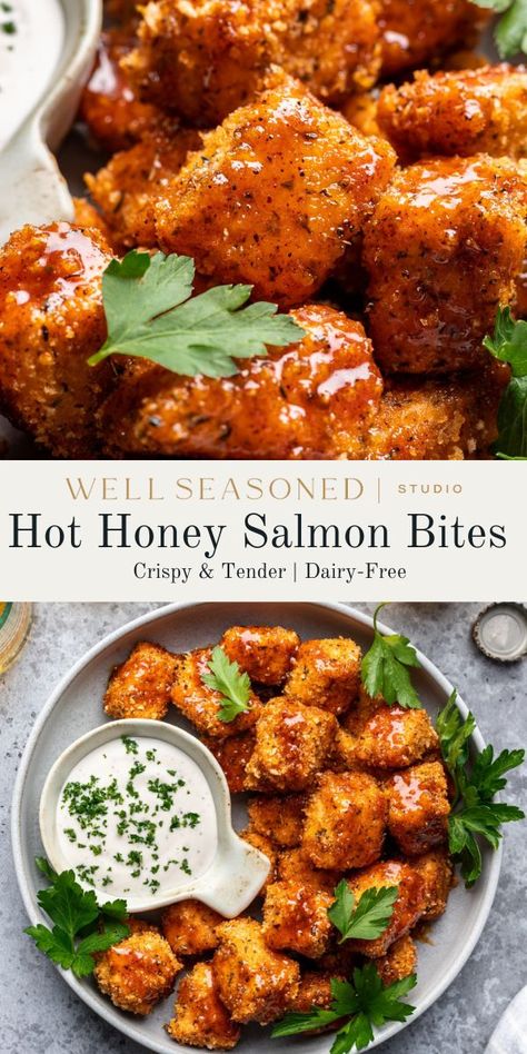 Air Fryer Salmon Bites are crispy on the outside and tender on the inside. We pair them with a quick-and-easy hot honey sauce that is sweet, spicy, and so delicious! Ready in just 30 minutes, this salmon recipe is versatile enough for rice bowls, salads, or an appetizer. #wellseasonedstudio #airfryersalmon #salmonbites #hothoney #hothoneysalmon Pinch Of Yum Air Fryer Salmon, Air Fryer Salmon Bites With Hot Honey, Crunchy Salmon Bites, Airfryer Salmon Bites Recipes, Breaded Salmon Bites, Honey Garlic Salmon Bites Air Fryer, Must Have Recipes, Crispy Salmon Bites Air Fryer, Airfry Salmon Recipes