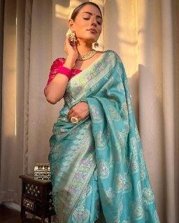 Sky Colour Saree, Sky Blue Saree Contrast Blouse Colour, Sky Blue Banarasi Saree, Green And Blue Saree, Saree Combination, Sky Blue Saree, Simple Lehenga, Blouse Ideas, New Saree Designs