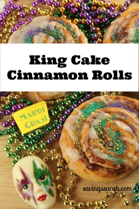 King Cake Cinnamon Rolls - Earning and Saving with Sarah Cinnamon Roll King Cake, Cake Cinnamon Rolls, King Cake Recipe Easy, Cake Cinnamon, King Cake Recipe, Mardi Gras Crafts, Mardi Gras King Cake, Sausage Gumbo, Mardi Gras Food