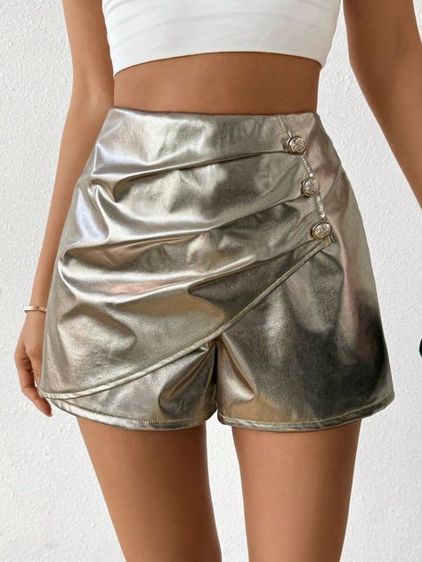 Plateado Casual Collar  Tela tricotada Liso Falda Pantalón Embellished Elástico Ligero Metallic Shorts, Jupe Short, Women Shorts, Mini Shorts, Women Clothing, Woven Fabric, Metallica, High Waisted, Womens Shorts