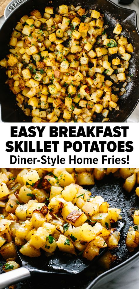 This skillet breakfast potatoes is the perfect side dish to round out a breakfast idea or even dinner. Potatoes are perfectly seasoned and become crisp in a skillet for a classic diner style home fries. #potatorecipe #breakfastrecipe #skilletpotatoes #homefries #potatoseasoning Sliced Breakfast Potatoes Skillet, Potatoes For Breakfast Mornings, Airfry Breakfast Potatoes Recipes, Stove Top Breakfast Potatoes, Potato Egg Breakfast Skillet, Breakfast Skillets Easy, Brunch Potatoes Recipes, Home Style Breakfast, Easy Home Fries Breakfast