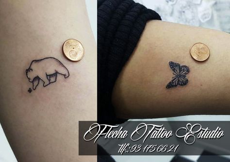 #tattoo #tatuaje #minitattoo #tattooidea #oso #bear #beartattoo #friends #tattoofriends #minimal #mariposa #mariposatattoo #butterfly #tats #ink #inked #inkedgirls #girlswithink #tattooink #black #lines #bcn #barcelona #barna #flechatattoo #clot Bear And Butterfly Tattoo, Bear And Butterfly, Butterfly Tats, Bear Tattoo, Black Lines, Friend Tattoos, Fine Line Tattoos, Line Tattoos, Mini Tattoos