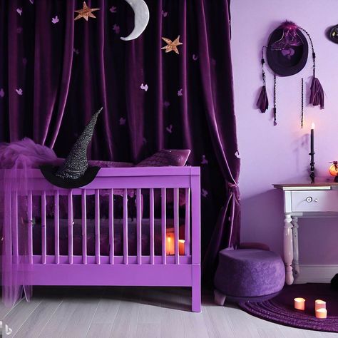 Dark Purple Nursery Ideas, Purple Baby Room, Witchy Nursery, Goth Nursery, Purple Baby Rooms, Celestial Nursery, Purple Nursery Girl, Purple Goth, Purple Nursery