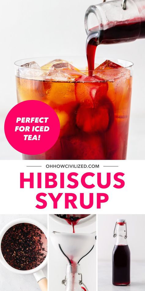 Homemade Hibiscus Syrup Recipe Hibiscus Recipe, Summer Tea Recipes, Flavored Iced Tea Recipes, Summer Coffee Drinks, Healthy Teas Recipes, Hibiscus Drink, Hibiscus Syrup, Simple Syrups, Homemade Iced Tea