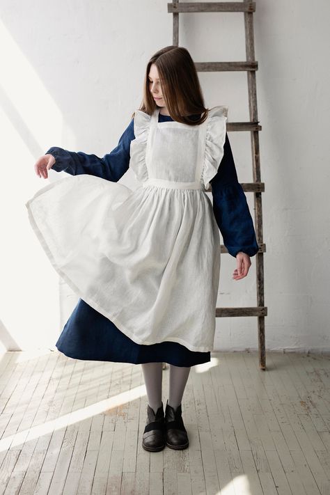 Frilly Apron, Victorian Aprons, Maid Apron, Victorian Maid, Traditional Aprons, White Pinafore, Linen Pinafore, Pinafore Apron, Vintage Apron