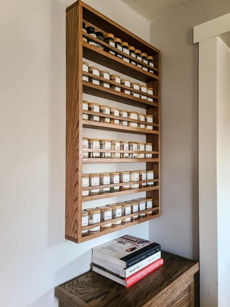 Want to get your spices out of the kitchen cabinet? This DIY spice rack is the perfect solution! Download our free woodworking plans! Farmhouse Spice Cabinet, Kitchen Spice Rack Ideas, Kitchen Shelf Organization, Spice Rack Plans, Spice Rack Design, Spice Storage Solutions, Lady Cave, Magnetic Spice Rack, Wall Spice Rack