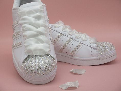 Stunning Wedding custom personalised Adidas Superstar. Hand finished with the finest crystals and pearls with embellishment to all 12 stripes, toes and backs, with crystal initials to outer shoes and finished with high quality satin ribbon laces. Complete the look with our personalised wedding frilly socks. Pearls Embellishment, Outer Shoes, Frilly Socks, Wedding Converse, Ribbon Laces, Custom Bling, New Converse, Crystal Shoes, Womens Wedding Shoes