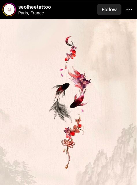 Planning A Sleeve Tattoo, Coi Tattoo Design, Coi Fish With Cherry Blossom Tattoo, Chinese Watercolor Tattoo, Cherry Blossom Koi Fish Tattoo, Asian Art Tattoos, Sakura Flower Tattoo Japanese, Piceses Tattoo, Chinese Flower Tattoo