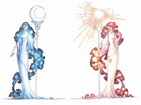 Moon And Sun, Goddess Art, Moon Goddess, Sun And Moon, Cartoon Art Styles, Fantasy Character Design, Character Design Inspiration, Drawing Inspiration, Cartoon Art