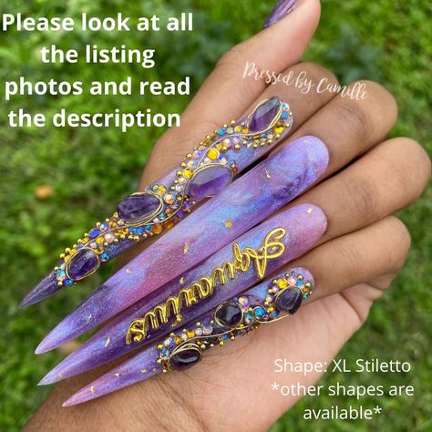 Purple Amethyst Galaxy Aquarius Press On Nails | February Birthday Nails by PressedbyCamille on Etsy Aquarius Nails Art Zodiac Signs, Aquarius Nails Acrylic, February Birthday Nails, Aquarius Nails Designs, Cardi B Pink, Aquarius Birthday Nails, Scorpio Birthday Nails, Taurus Nails, Aquarius Nails