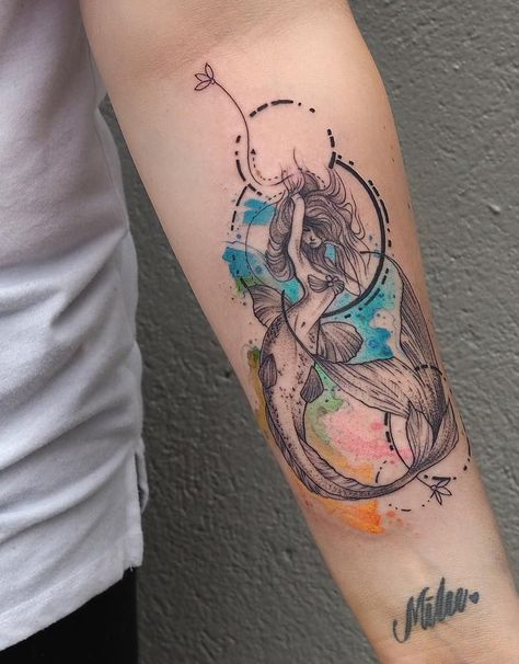 Watercolor Mermaid Tattoo, Mermaid Tattoo Designs, Ocean Tattoo, Abstract Tattoos, Ocean Tattoos, Muster Tattoos, Skeleton Hand Tattoo, Tattoos Geometric, Back Of Shoulder Tattoo