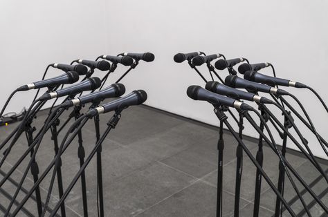 Naama Tsabar, Barricade, 2016, 16 microphones, microphone stands and matching audio equipment, dimensions variable. All images courtesy the artist and Paramo Gallery, Guadalajara Microphone Stands, Sound Installation, Canvas Drawings, Video Installation, Performance Artist, Audio Equipment, Conceptual Art, Experiential, Microphones