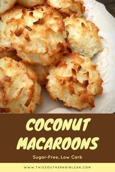 A quick, easy recipe for sugar-free, low carb coconut macaroons. Parve Desserts, Chocolate Coconut Macaroons, Coconut Macaroons Recipe, Sugar Free Baking, Sugar Free Cookies, Macaroon Recipes, Sugar Free Low Carb, Low Carb Dessert, Low Carb Cookies