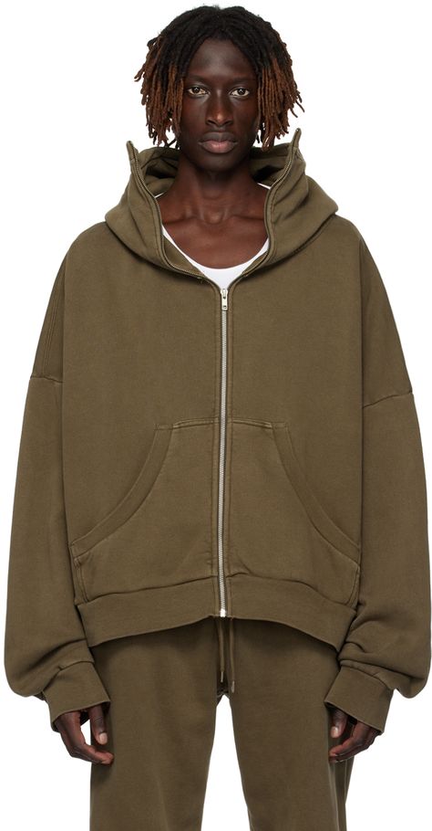 Enzyme-washed 510 gsm organic cotton fleece hoodie. · Balaclava-style hood · Zip closure · Patch pockets · Rib knit hem and cuffs · Dropped shoulders Supplier color: Brunette Fire Clothes, Fashion Illustration Poses, Entire Studios, Color Depositing Shampoo, Wool Hoodie, Brunette Color, Hoodie Zip, Shearling Jacket, Mens Activewear