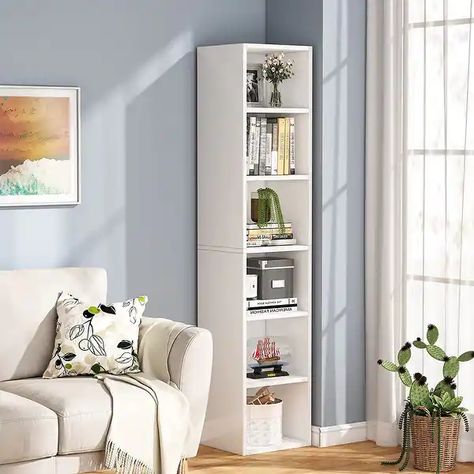 70.9 Inch Tall Narrow Bookcace, 6 Tier Open Bookshelf - On Sale - Bed Bath & Beyond - 35365019 White Corner Bookcase, Tall Narrow Bookcase, Cube Display, Bookcase Modern, Narrow Bookshelf, Tall Bookshelf, Bookshelf Bed, Tall Bookshelves, Tall Bookcase