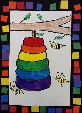 darley3's art on Artsonia Beehive Drawing, Bee Collage, Color Theory Projects, Beehive Pattern, Color Wheel Projects, Beehive Art, Art Kindergarten, Color Wheel Art, First Grade Art