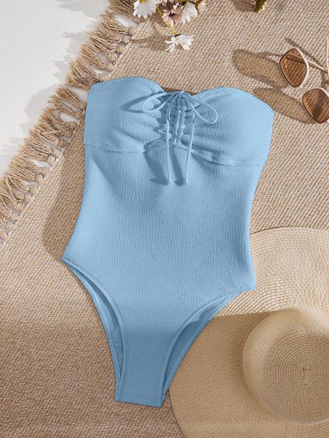 Baby Blue Casual Collar Sleeveless Fabric Plain  Embellished High Stretch  Women Clothing Light Blue Bathing Suit, Strapless One Piece, Blue Bathing Suit, Swim Summer, Blue Swimwear, Color Celeste, Costume Intero, Blue Swimsuit, One Piece For Women