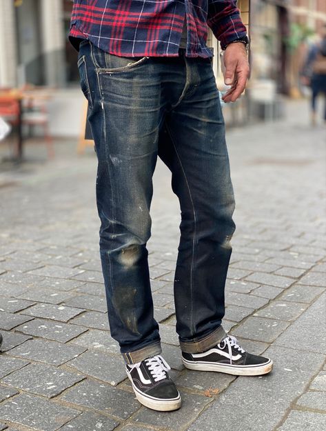 Selvedge Jeans Men Outfit, Raw Denim Fades, Selvedge Denim Outfit Men, Raw Denim Outfit, Raw Denim Outfit Men, Vans Outfit Men, Denim Outfit Men, Biker Wear, Men's Denim Style