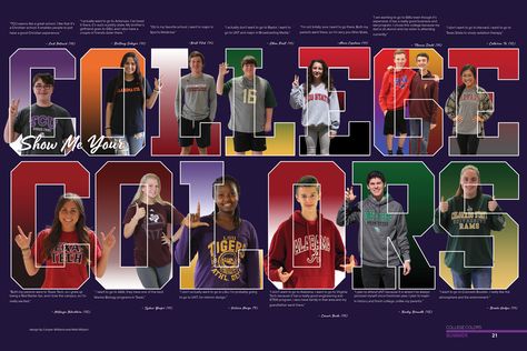 Yearbook Spread 2018, College Colors. (The Creek, Timber Creek High School, Fort Worth, Texas) College Yearbook Design, Hoco Yearbook Spread, Yearbook Portrait Spreads, Football Yearbook Spread, Yearbook Spreads Ideas, Yearbook Spreads Ideas Layout, Yearbook Collage, Yearbook Memes, Highschool Yearbook Ideas